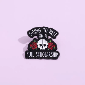 Impresión tipográfica personalizada Going Hell Full Scholarship Hell Broche de metal con diseño de esqueleto y rosa, distintivo de metal con diseño de autodepreciación, embalaje para libros - Product Image 3