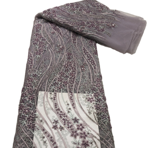 Tela de encaje de tul lila con cuentas y lentejuelas bonitas telas de encaje de malla para vestido de novia - Product Image 1