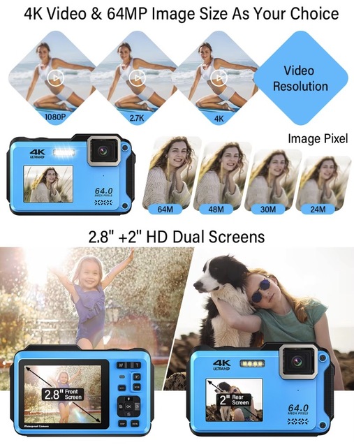 4K 64 MP Waterproof Camera 2.8-inch Ultra HD Screen 16X Digital Zoom LED Fill Light