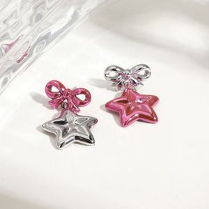 European American Stainless Steel Star Bow Pink <b>Stud</b> Earrings Trendy Gold-color Plating Youthful Sweet Cool Women's Anniversary - Product Image 4