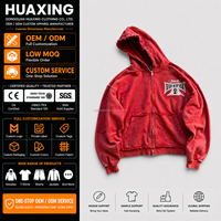 Sudadera con capucha roja lavada con cremallera y logotipo personalizado, fabricante OEM ODM de marca privada, estilo vintage desgastado, de gran gramaje, proveedor mayorista