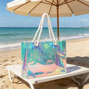 Custom Laser PVC Handbag Holographic Jelly Transparent <b>Large</b> Capacity <b>Gift</b> Shopping Beach <b>Bag</b> with Jute Rope Handle - Product Image 3