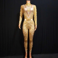 Combinaison élégante à manches longues avec strass argentés et perles, tenue de scène pour femmes, tenue de soirée en club, tenue de soirée grande taille, combinaison pour femme