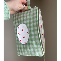 Pochette à couches de voyage en coton avec logo personnalisé, motif écossais vert, fermeture éclair, poignée souple, organiseur de maquillage