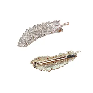 Girls rhinestone feather hair pin Korean simple crystal hairpins Ladies elegant bling metal hair clips accessories for women