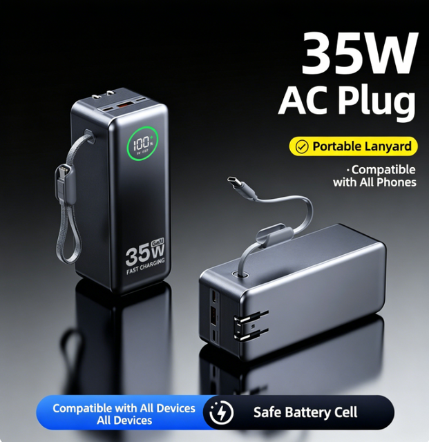 35W Super-Fast Charging 20000mAh Portable Power Bank Built-In Cable Type-C Output AC Plug Laptop Mobile Fast Charging Universal