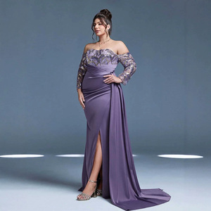 Robes <span class=keywords><strong>de</strong></span> soirée grandes tailles en dentelle violette, épaules dénudées, manches longues, satin, coupe sirène, fente haute, longueur ras du sol, pour <span class=keywords><strong>la</strong></span> mère <span class=keywords><strong>de</strong></span> <span class=keywords><strong>la</strong></span> mariée - Product Image 2