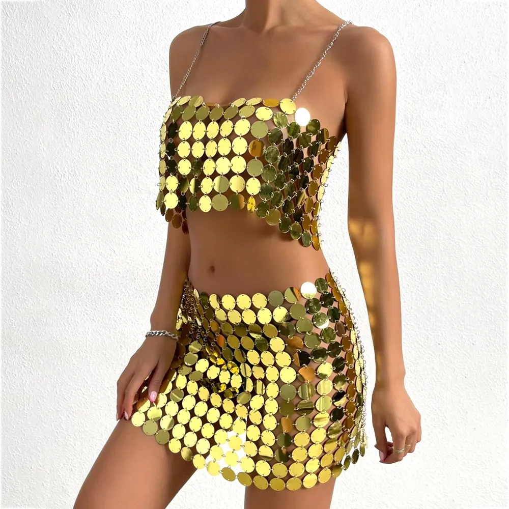 Conjunto de maiô sexy dourado feminino de 2023, moda feminina, lantejoulas de praia, saia de crochê, conjunto de 2 peças