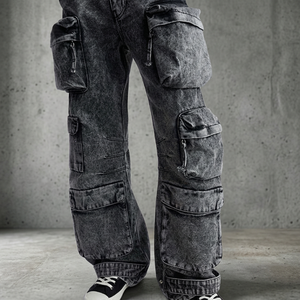 Jean cargo déchiré pour homme, grande taille, coupe droite, taille haute, en coton enduit, style décontracté, poches plaquées, fermeture boutonnée, style urbain - Product Image 1