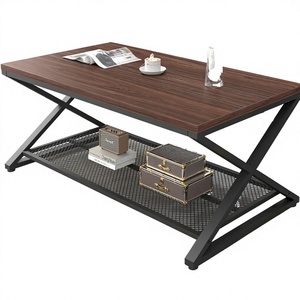 Industrial <b>Rustic</b> Wooden <b>Coffee</b> <b>Table</b> with Metal Mesh Shelf 2-Tier X-Frame Center <b>Table</b> for Living Room - Product Image 2