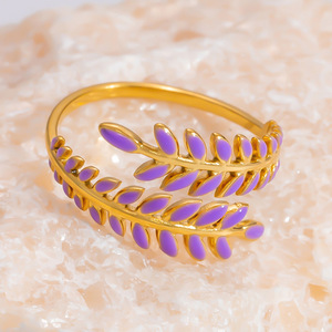 European Style <b>Open</b> Leaf <b>Ring</b> For Women Stainless Steel 18K Gold Plated Colorful Enamel Jewelry Gift Fashion <b>Rings</b> - Product Image 2