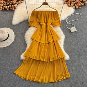 Vendita calda a buon mercato nuovo elegante vestito da donna dolce con gonna a spalla in tinta unita con volant abito lungo da spiaggia per le vacanze - Product Image 5