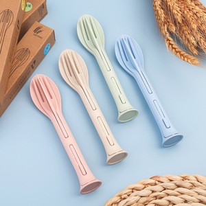 Ensemble de couverts multifonctionnels portables pour enfants, en paille de blé, style nordique, fourchette, cuillère, couteau, vaisselle de voyage pliable - Product Image 3