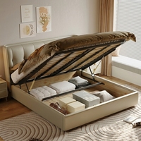 Lit de Luxe Moderne avec Rangement Hydraulique, Cadre en Cuir Crème Blanc, Tête de Lit Capitonnée Verticale, Tailles King et Queen