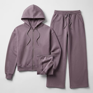 OEM Heavyweight Cotton Women Custom Logo Two Piece <b>Set</b> Luxury Lounge Wear Dusty Zip Up Hoodie and Wide Leg Baggy Sweatpants <b>Set</b> - Product Image 4