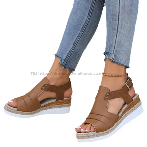 Sandales compensées rétro pour femme, à semelle épaisse, color block, en corde de chanvre, à bout ouvert, pour l'été - Product Image 5
