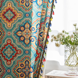 Bohème Tribal Sheer Rideaux Bleu Sarcelle 100% Polyester Géométrie Sacrée Diamant Motifs Glands Colorés pour Vivre - Product Image 6