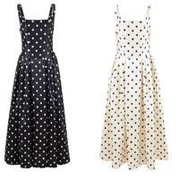 Nouvelle collection de vêtements pour femmes, style français vintage, inspiré de Hepburn, élégant, taille haute, coupe trapèze, à pois, col carré, chic, long, été