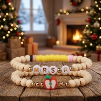 Bracelet à lettres en argile souple élastique avec perles pomme, double couche, empilable, cadeau Fête des Enseignants, article transfrontalier très demandé