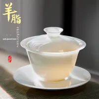 Service à thé Kung Fu en céramique haut de gamme, Gaiwan en céramique de jade gras de mouton, bol à thé en céramique traditionnel chinois Logo personnalisé