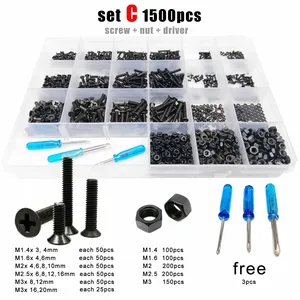 500/750/1500pcs M1.4 M1.6 M2 M2.5 M3 Black Mini Micro Phillips Cross Flat Countersunk Head Screw Bolt Nut Set Assortment Kit Box