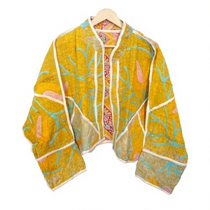 Hand Embroidered Quilted Cotton <b>Jacket</b> Women's Full Sleeve <b>Mandarin</b> <b>Collar</b> Vintage Kantha Style Yellow Paisley Print Spring Wear - Product Image 1