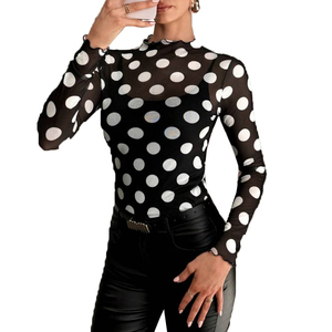 Camiseta de Manga Larga con Encaje Transparente y Diseño de Puntos para Mujer - Cuello Alto y Diseño Transparente a la Moda - Product Image 2