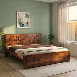 Modern Teak Platform <b>Bed</b> Frame with Geometric Headboard California King & <b>Queen</b> <b>Sizes</b> for Home Hotel Villa - Product Image 2