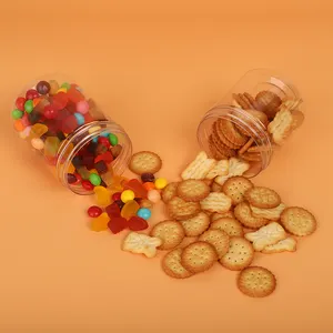 ホット販売ラウンドバレル形状ペットプラスチック食品貯蔵クリアクッキージャー蓋付きプラスチック容器食品化粧品キャンディーナッツ用