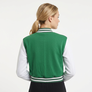 Chaqueta Varsity Verde para Mujer, Mangas Blancas, Cierre de Botones a Presión, Cuello Camisero, Abrigo de Otoño - Product Image 2