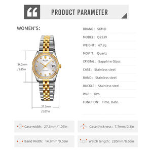 Skmei Q2538/Q2539 Silver Couple Quartz Watch Stainless Steel <b>Band</b> Daily Style Pointer 3ATM Waterproof Wholesale <b>Wrist</b> Watches - Product Image 3