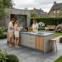 Meubles de cuisine d'extérieur modulaires modernes en acier inoxydable, aspect bois, plan de travail en pierre frittée bleu belge, barbecue encastré