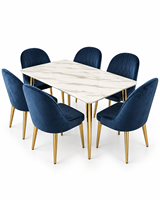 Table à manger rectangulaire moderne de luxe écologique Rikkasi CYY-001 avec plateau en marbre naturel, 6 places, finition or champagne en acier inoxydable