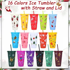 24oz Christmas Cup Christmas Tumbler With Straw And Lid Bulk Christmas Gifts Holiday Reusable Plastic Cups For Party PP Cup