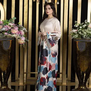 AB367 gaun panjang Lebaran bermanik bordir sederhana untuk wanita Muslim siluet lurus garis pinggang alami diproduksi atasan Qatar 2024