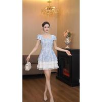 Jupe courte Gruio DianElegant, style haut de gamme, col carré, robe d'été bleue à fleurs, taille haute