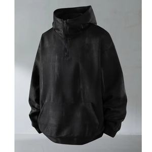 Nueva Sudadera con Capucha Lavada para Hombre - Diseño de Cuello Alto con Media Cremallera, Efecto Retro, Bolsillo Tipo Canguro, Apta para Uso Diario Informal - Product Image 1