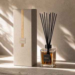 Aikun Large Capacity Square Clear Glass Thick Base Black Collar Reed <b>Diffuser</b> Gift Set with Long Black Sticks and Gold Band Box - Product Image 1