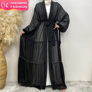 Latest Chiffon Abaya Lace up Cuff Gorgeously White Pearls <b>Cardigan</b> Muslim Women Kaftan Fashion Open Abaya 1964# - Product Image 2