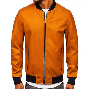 Mens Real Tan <b>Leather</b> Bomber <b>Jacket</b> Black Ribbed Collar Zip Front Sheepskin Coat Vertical Zip Pockets Custom Camel Outerwear - Product Image 1