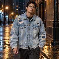 Veste en jean oversize pour homme, bleu clair, déchirée, effet usé, patchwork, éclaboussures de peinture, personnalisable, B2B, OEM, ODM, vente en gros, marque privée