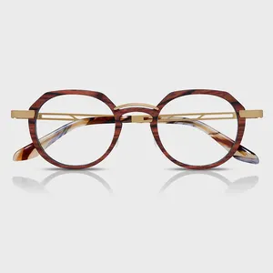 Yeetian High End Custom Thin Round Rim Luxury Gold Titanium Rosewood Carbon Fiber Prescription Eyeglasses Frame