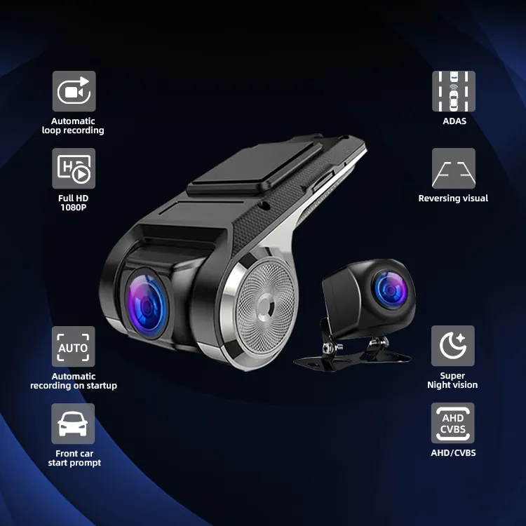كاميرا مزدوجة HD داخلية ADAS مزودة بخاصية WiFi كاميرا أمامية وخلفية بعدستين 1080P مسجل للسيارة مسجلات DVR كاميرا أمامية للسيارة رؤية ليلية بزاوية واسعة