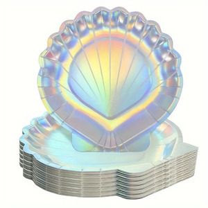 Assiettes en papier jetables Ensemble d'assiettes à dîner jetables élégantes en forme de <span class=keywords><strong>coquillage</strong></span>-Parfait pour les fêtes de sirène, les mariages et les anniversaires - Product Image 2