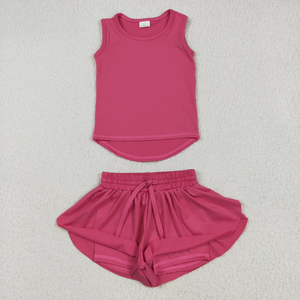 Conjunto de Ropa de Yoga para Niñas, Camiseta sin Mangas y Pantalones Cortos de Colores Sólidos, Venta Caliente de Fábrica, Ropa para Hermanas - Product Image 6