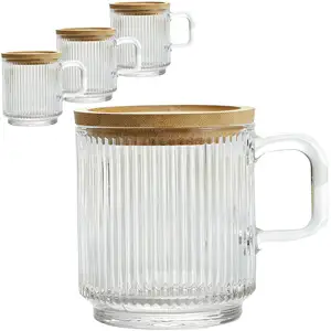 Cangkir Coee kaca dengan tutupnya Premium garis vertikal klasik cangkir teh kaca