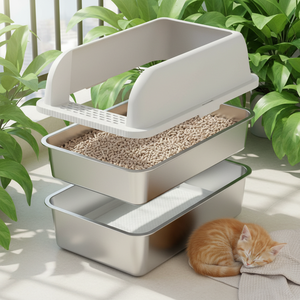 Bac à litière pour chat en acier inoxydable double couche - Tamisage et filtration pour un soin des animaux plus propre et hygiénique - Product Image 1