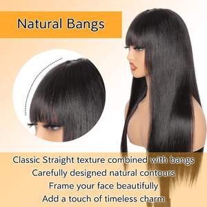 Perruque longue noire <span class=keywords><strong>avec</strong></span> <span class=keywords><strong>frange</strong></span>, pré-coupée 2x4, bonnet respirant, légère et confortable à porter, pour <span class=keywords><strong>femme</strong></span>, pour changer de <span class=keywords><strong>coiffure</strong></span>, en <span class=keywords><strong>cheveux</strong></span> humains - Product Image 4