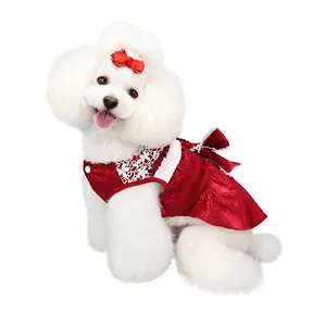 Dog Lace Dress Pet Dog Girl Bow Costume with Matching Color Bow Tie Dog Wedding and Birthday Party Dress