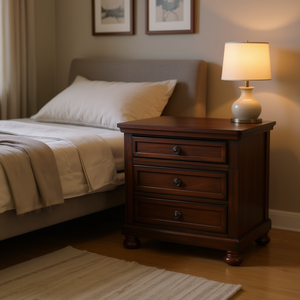 Mesa de Noche de Madera de Nogal Oscuro con 3 Cajones, Cajón Oculto para Joyas, Muebles Tradicionales para Dormitorio - Product Image 2